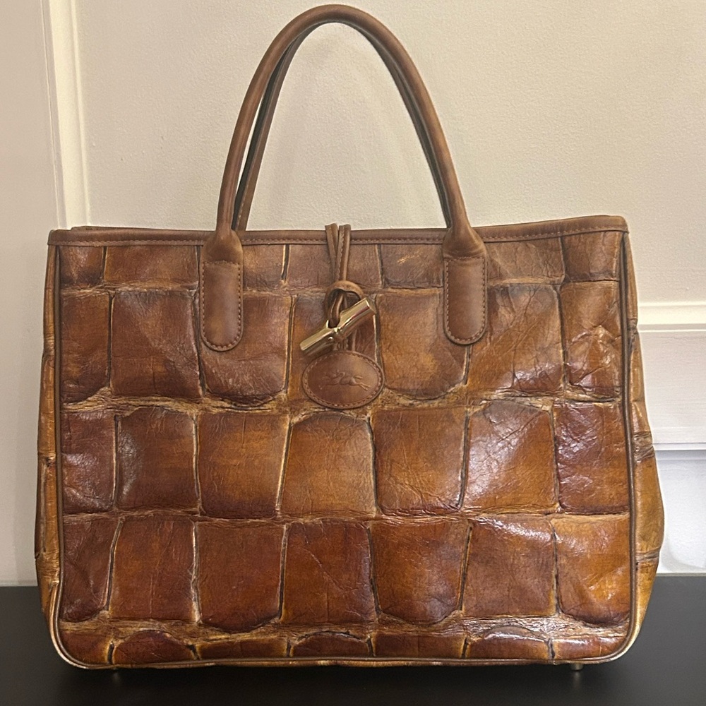 Longchamp Roseau top handle bag in brown croc-embossed leather